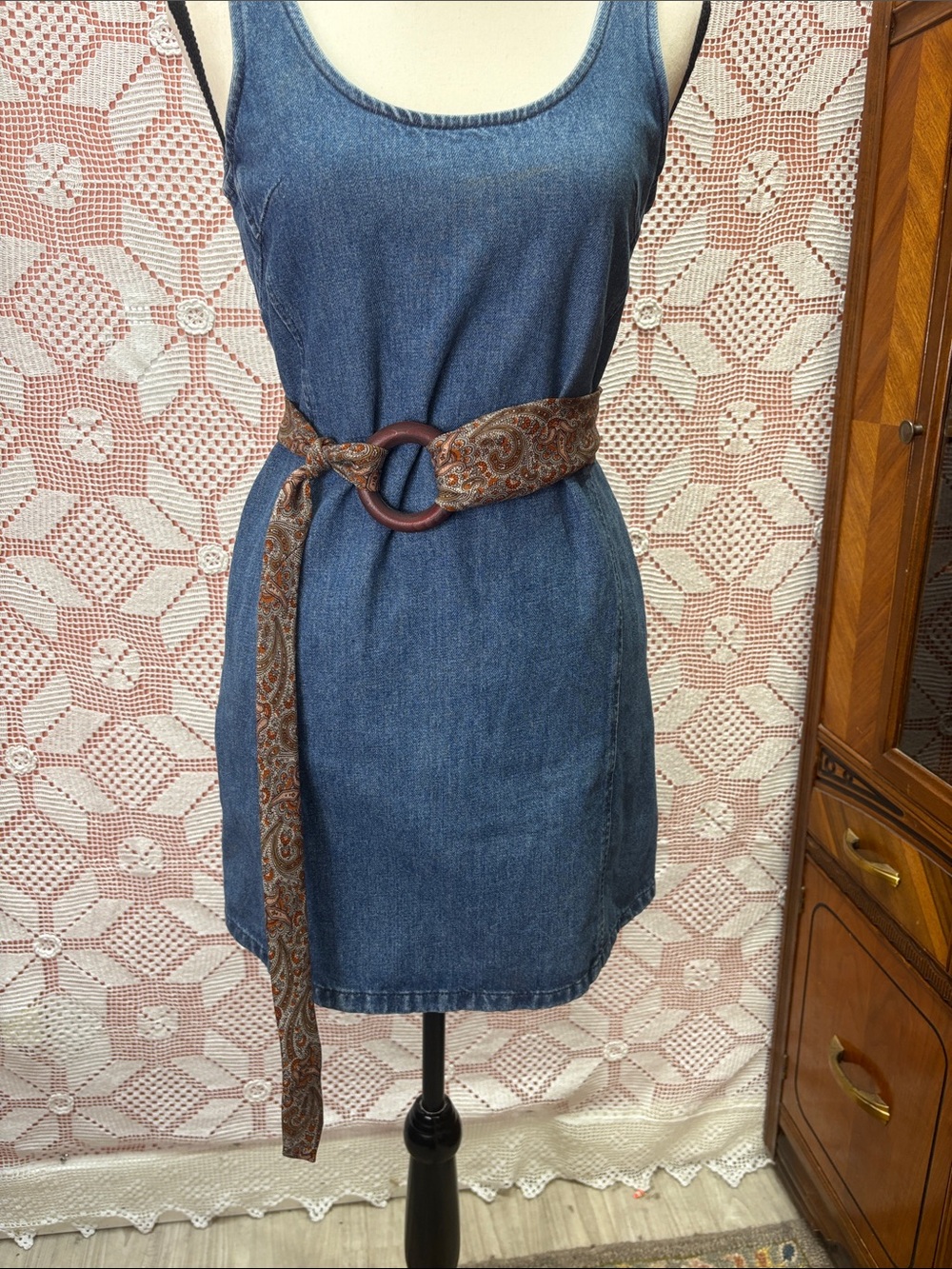 Handcrafted Upcycled Silk Tie Belt with Wooden Ring | Paisley Boho